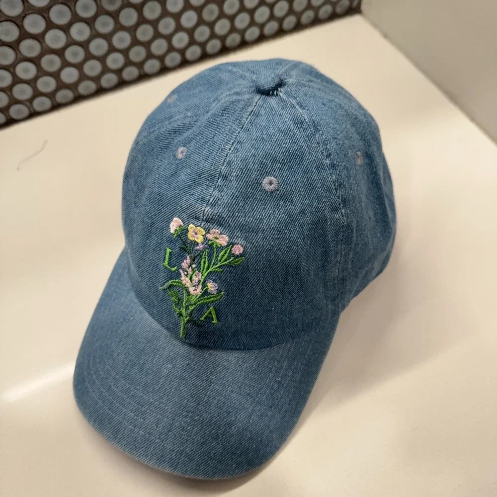 Los Angeles Hat Cap Blue Chambray Denim Strap Back‎ Floral Graphic Print Unknown